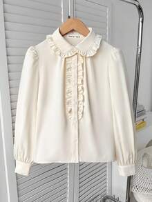 SHEIN 少女宽松休闲优雅荷叶边泡泡袖纽扣衬衫，长袖上衣，舒适日常休闲校园优雅衬衫 - 米色 - 查看 8