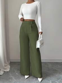 Elenzga Women's Pink Bamboo Fabric Waist Front Overlay Buckle Design Elegant Teacher Uniform Professional Casual, Thanksgiving, Halloween Essential Versatile Loose Flowy Straight Leg Pants - Army Green - View 5