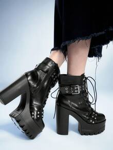 Sugerpunk 女式哥特式金属扣圆头厚底粗跟朋克靴，PU 黑色高跟靴，适合派对、日常穿着、晚礼服，增高修腿 - 黑色 - 查看 3
