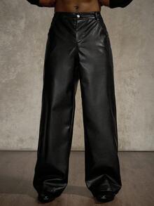 PAVTROS Manfinity Streetrush 男士黑色 PU 皮革长裤，宽松休闲直筒裤，送给男友或老公的绝佳礼物，黑色长裤，街头服饰，皮革长裤，保暖冬季，圣诞节男士黑色皮革长裤