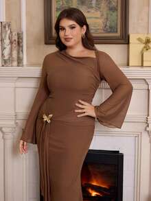 SHEIN MOD Plus Size Asymmetric Shoulder Flare Sleeve Brown Dress With Bowknot Metal Buckle And Fish Tail Design Brown Formal Dress Brown Dresses Classy Elegant Dinner Outfit For Women Earth Tone Dress Brown Wedding Guest Dress.Christmas Outfit