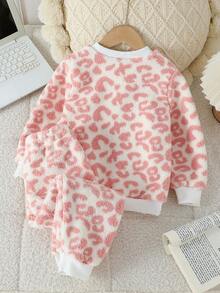 SHEIN 2 件套年轻女孩舒适豹纹长袖上衣和裤子睡衣套装，秋冬 - 粉色 - 查看 2