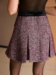 MOTF PREMIUM Chân váy xếp ly nhung tương phản vải tuýt, thu đông - Đỏ - Xem 3