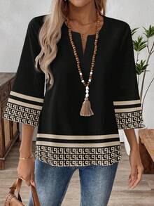 EMERY ROSE Women's Casual Vintage Print Loose V-Neck 3/4 Sleeve Work Shirt, Comfortable For Daily Commute, Spring/Autumn New Year Party - Multicolor - View 3