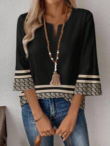 EMERY ROSE Women's Casual Vintage Print Loose V-Neck 3/4 Sleeve Work Shirt, Comfortable For Daily Commute, Spring/Autumn New Year Party - Multicolor - View 5