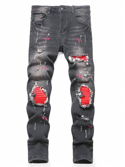 Manfinity Roughcore Avant-Garde Gothic Long Skinny Jeans In Black Denim With Red Accents And Zipper Details Red And Black Ripped Jeans Splatter Paint Jeans Men Boyfriend & Husband Stretch Patched Slim-Fit For Street Ripped Jeans