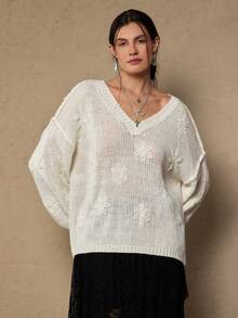 SHEIN VCAY Áo len dài tay cổ chữ V màu trơn cỡ lớn dành cho nữ - trắng - Xem 7