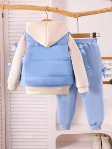 3 件套女童休闲可爱日常服装，包括蓝色连帽长袖运动衫、粉色蝴蝶结背心、圆领套头衫和裤子，时尚冬季儿童户外服装 - 藍色 - 查看 2
