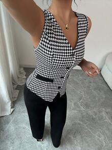 Elenzga Ladies Elegant Houndstooth Vest Top And Pants 2 Pieces Set - Black - View 6