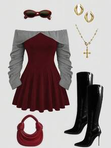 Sweetra Đầm suông dài tay hở vai họa tiết kẻ caro 2 trong 1 cỡ lớn - Màu Đỏ Sâu - Xem 4