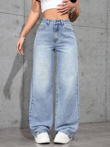 SHEIN 千禧少女休闲浅色水洗高腰宽松直筒牛仔裤，男友风牛仔裤，适合万圣节、秋季、圣诞节等场合，也适合秋冬季返校季穿着，街头复古风，舒适百搭，适合13-16岁女孩，可用于学校、居家和旅行等各种场合，阔腿牛仔裤，超大款牛仔裤，宽松牛仔裤，阔腿牛仔裤，宽松牛仔裤 - 淺色水洗藍 - 查看 1