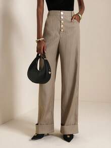 SHEIN Veneréa Fashionable & Versatile Metal Buckle Striped Wide Leg Pants - Khaki - View 3