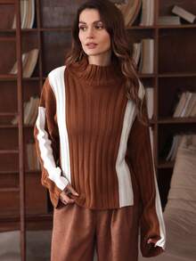 SHEIN LUNE Women's Contrast Color Turtleneck Ribbed Loose Retro Casual Sweater - Brown - View 3