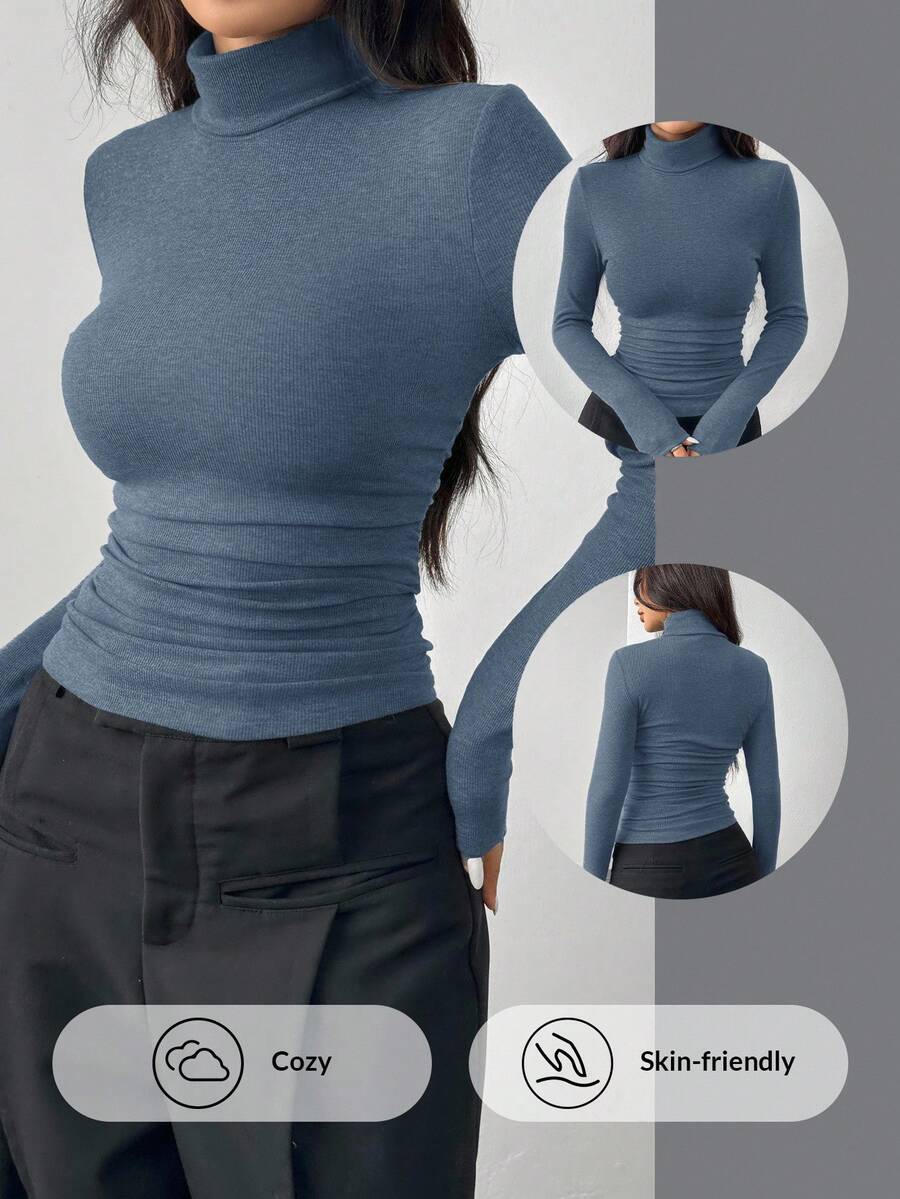 SHEIN EZwear 女式休闲日常通勤简约纯色高领长袖紧身T恤，秋冬 - 霧霾藍 - 查看 1