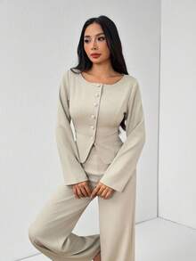 SHEIN PETITE 女款優雅秋季卡其色辦公兩件套，純色圓領單排扣夾克與長褲套裝，商務休閒正式通勤穿著，適合嬌小女性 - 卡其色 - 查看 7
