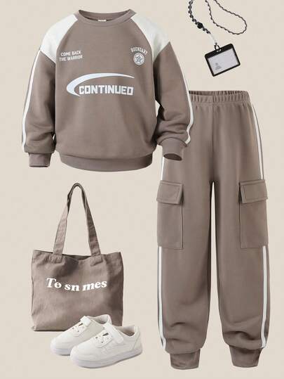 SHEIN Explorewe 2-Piece Casual School Style Sweatpants And Hoodie Set For Tween Boy Back To School 2025 Season, Kids' School And Sports Outfit