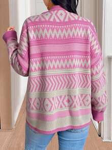 SHEIN Cottnline Plus Size Casual Christmas Geometric Pattern Plus Size Pullover Sweater For New Year Clothes - Pink - View 2