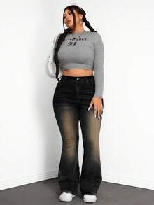 SHEIN CURVE+ 秋季大码休闲水洗猫须斜口袋喇叭牛仔裤 - 黑色 - 查看 6