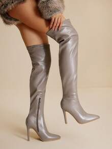 Daringsoles 女士弹力靴、细靴、尖头细高跟性感派对靴、过膝靴、PU 皮革棕色靴子、秋冬靴 - 灰色 - 查看 9