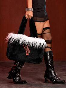 A Nightmare on Elm Street X ROMWE 1 Túi tote họa tiết chữ bông thời trang đường phố Punk màu đen, túi đeo vai dung tích lớn in họa tiết xương cánh tay Gothic, thích hợp để đi học, đi làm, v.v. - màu đen - Xem 4