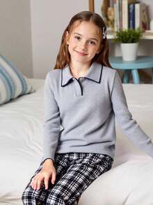 2 件套女童休闲套装，灰色翻领上衣搭配格子裤，长袖，长裤，舒适家居服，春/秋/冬 - 灰色 - 查看 3