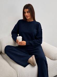 EURMUSE Women Round Neck Rib Knitted Sweater And Sweater Pant 2pcs Sets Co-Ord - Navy Blue - View 7