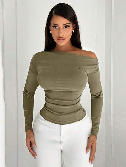 SHEIN SXY Minimalist Hollow Out Asymmetrical Shoulder Long Sleeve T-Shirt, Sexy For Commuting And Office Wear Off The Shoulder Long Sleeve Fitted Tops Boat Neck Top,Fall,Fall Clothes For Women Women Sexy Tops