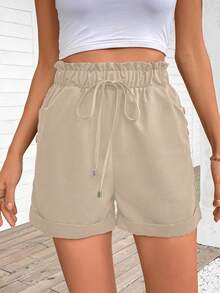 SHEIN LUNE Women's Summer Casual Solid Color Drawstring Waist Shorts - Khaki - View 4