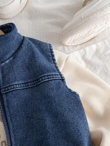 Genkimix Kids 3 件套年轻男孩秋季新款 2025 服装，圆领长袖英伦印花运动衫，拉链牛仔背心，牛仔保暖内衬裤，简约时尚街头休闲 3 件套 - 彩色 - 查看 5