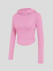 SHEIN Áo thun hoodie dài tay nhún bèo dáng ôm đơn giản màu trơn dành cho nữ - Hồng - Xem 4