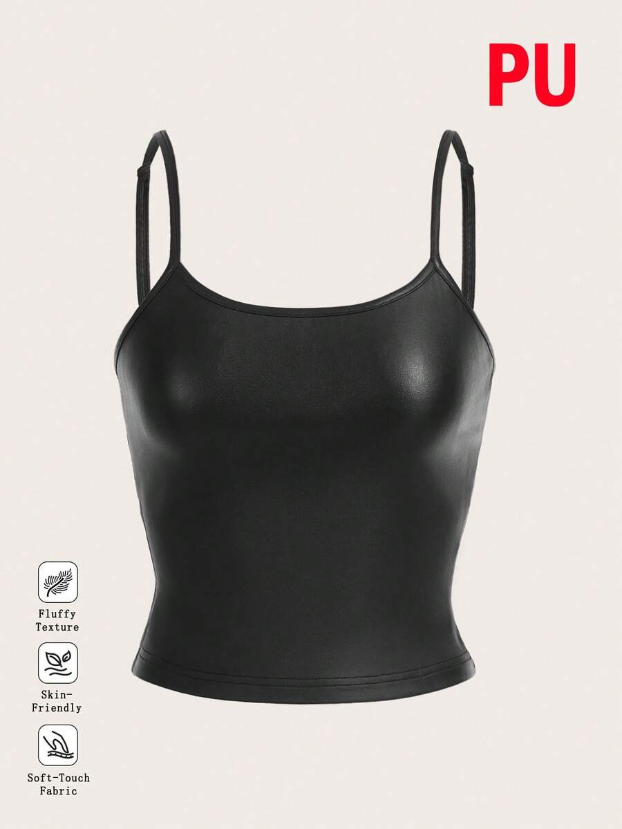 SHEIN EZwear 女士休闲性感PU紧身吊带背心 - 黑色 - 查看 1