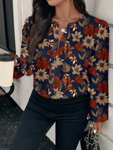 EMERY ROSE Áo sơ mi tay dài in hoa phong cách cổ điển cỡ lớn - Màu xanh hải quân - Xem 4