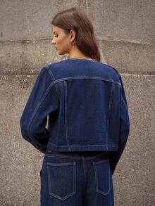 Selenza 女式时尚优雅圆领前开式休闲牛仔长袖上衣 - 深色水洗藍 - 查看 2
