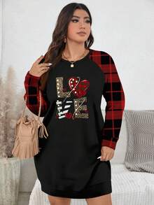 EMERY ROSE Christmas Textured Red Plaid Love Letter Print Casual Minimalist Plus Size Sweatshirt, Autumn/Winter/Valentine's Day - Multicolor - View 4