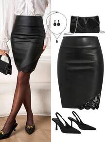 Ellevyn 女式纯色 PU 皮革优雅铅笔裙 - 黑色 - 查看 2