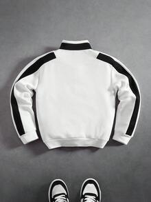 PAVTROS 男士秋冬保暖撞色半拉链套头卫衣，字母印花，时尚百搭，适合室内外穿着。90年代运动风韩流四分之一拉链卫衣，长袖上衣 - 黑與白 - 查看 2