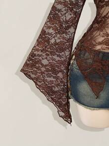 SHEIN ICON Cardigan à manches longues en dentelle bordeaux transparent, style sexy, twist devant, convenant aux femmes de grande taille, style western, country, concert, boho, hippie, goth. Idéal pour Halloween - Tabac - Voir 4
