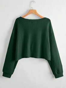 SHEIN Unity Áo thun dài tay hở vai cổ chữ V màu trơn đơn giản dành cho nữ - Màu xanh lá cây đậm - Xem 2