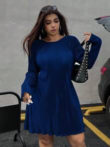 SHEIN EZwear 大码女式时尚纯色生菜下摆腰系带短款连衣裙 - 藏蓝色 - 查看 4