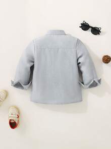 SHEIN 男童休闲日常通勤字母拼布口袋立领长袖衬衫，秋季/春季