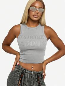 SUMWON WOMEN Áo ba lỗ không tay in chữ đính đá Rhinestone có gân - Xám - Xem 7