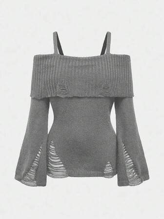 Goth Maglione oversize con design strappato punk, vita stretta, senza spalline e senza maniche, colore grigio scuro versatile