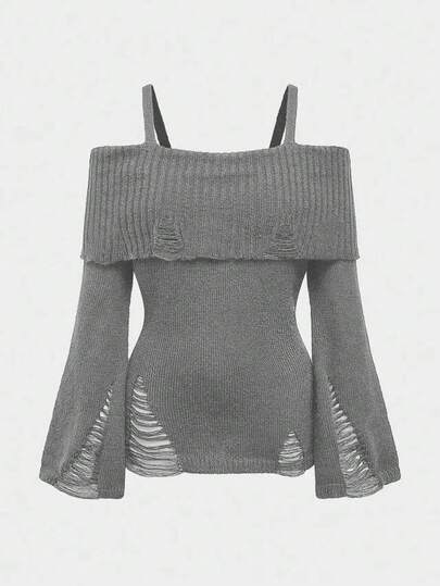 Goth Große Größen Punk zerrissenes Design Taillengegurteter Off-Shoulder ärmelloser Pullover, dunkelgrau vielseitig