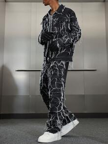 PAVTROS American Style Patch & Fringe Denim Set Fringe Pants Men Black And White Pants, Fall Clothes OVERSIZE Frayed Black Street Rave Couple For GenZ - Blue - View 8