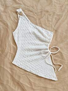 Soleia 女士夏季度假米色针织提花纹理单肩修身下摆开衩抽绳褶饰吊带背心，适合派对、约会、情人节、复活节、狂欢节、下午茶、海滩、游轮、城市街头度假 - 白色 - 查看 5