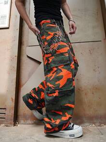 Manfinity ZONE917 Quần jean ống rộng có túi nắp họa tiết rằn ri thường ngày dành cho nam, mùa thu - Nhiều màu - Xem 7