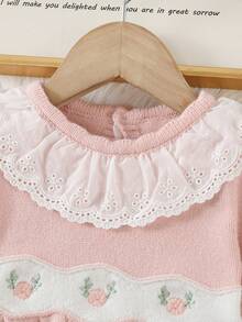 SHEIN Baby Mädchen gerüschter Kragen Langarm gestricktes Sweaterkleid, elegantes besticktes Design, bequem für Herbst/Winter, vielseitig für Alltag, Zuhause, Ausflüge, Reisen, Schule, Kinderbetreuung, Rosa - Pink - Übersicht 4