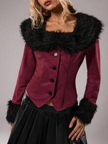 TRNVIE 1pc Women's Thin Jacket, Red, Autumn, Faux Fur Collar, Patchwork, Casual/Daily Commute - Burgundy - View 6