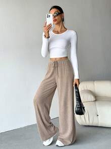 SHEIN Tall 女式罗纹拉绒阔腿裤，适合秋冬季 - 卡其色 - 查看 5