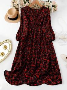 EMERY ROSE 大码女式长袖 V 领休闲优雅连衣裙，春秋季长款女装 - 紅色 - 查看 1